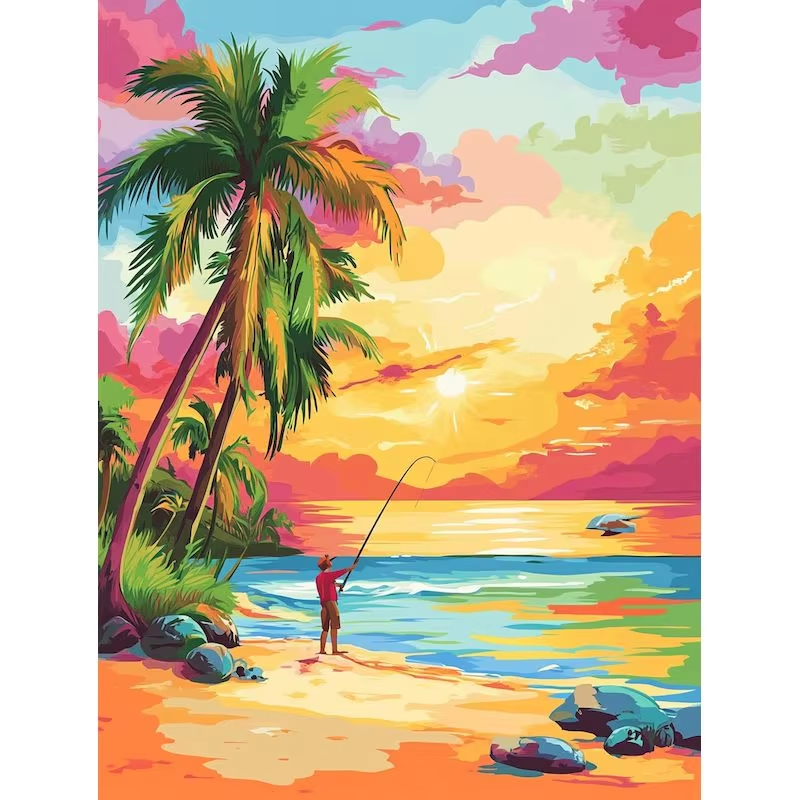 Resin Art Beach - 数字で描くダイヤモンドペインティング DIY 夏のビーチフィッシング デジタルダイヤモンドアート ウォールデコレーション ゲームルームやリビングルーム用