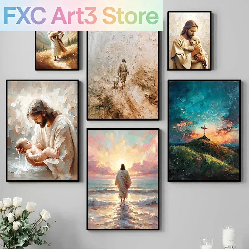 Resin Art On Canvas - 1pc フレームレス、水上を歩く/羊飼いのイエス キリスト教ポスター キャンバス絵画 聖書ウォールアート写真 リビングルームの家の装飾用