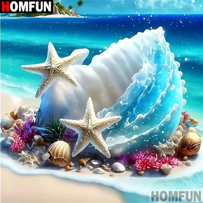 Resin Art Beach - HOMFUN DIY 5D ダイヤモンド絵画「風景シェルビーチ」クロスステッチ正方形ラウンドダイヤモンド刺繍手仕事ラインストーンアート