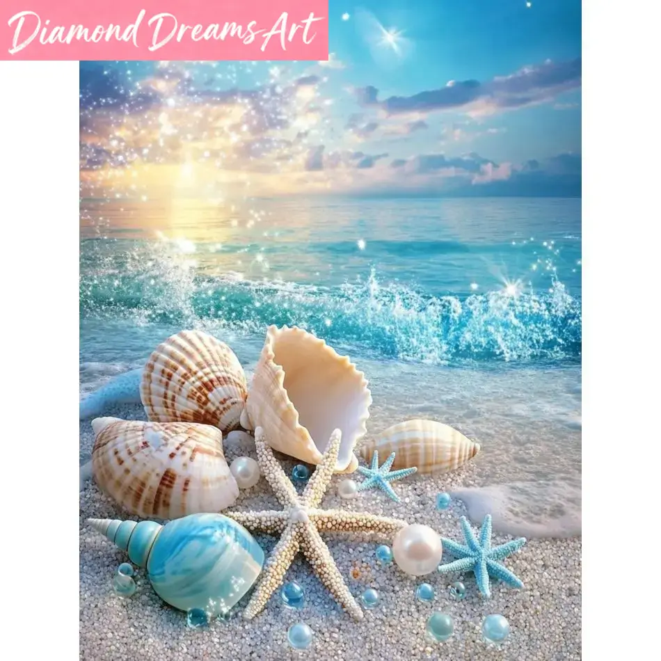 Resin Art Beach - フレームレス、ビーチシェルダイヤモンドペインティングキット、アート用品、初心者向けダイヤモンドペインティングキット、風景画、フルラウンドクラフト用品