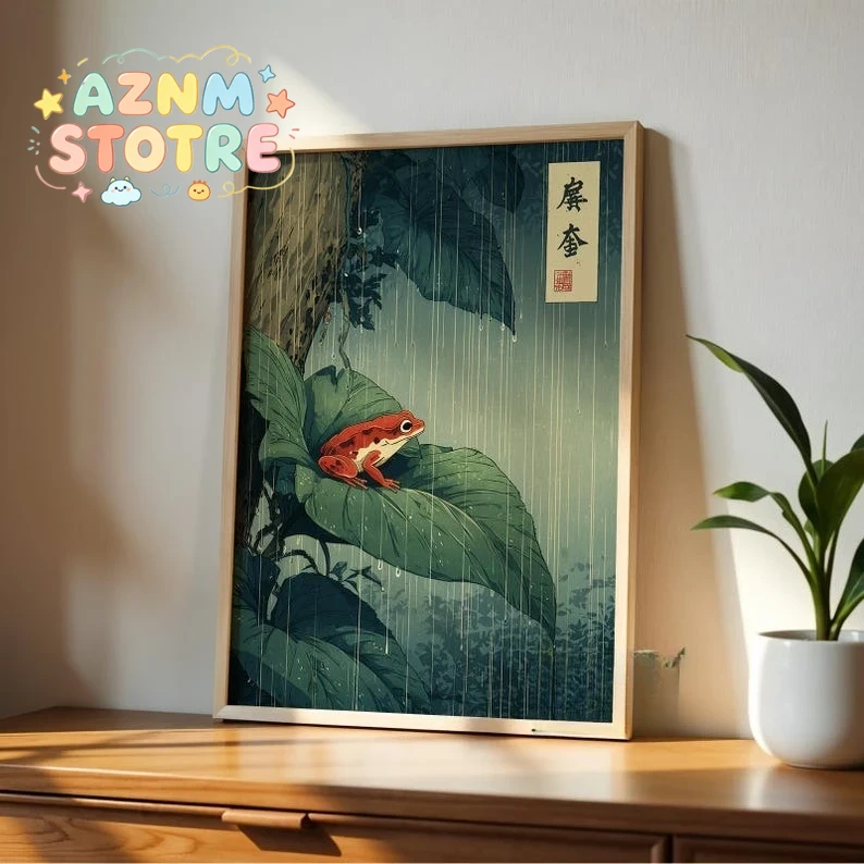 Resin Art On Canvas - 日本製カエルキャンバスウォールアート1枚、フレームなしヴィンテージ熱帯雨林ウォールアートプリント、リーフの上の赤いカエルポスター、リビングルーム装飾用