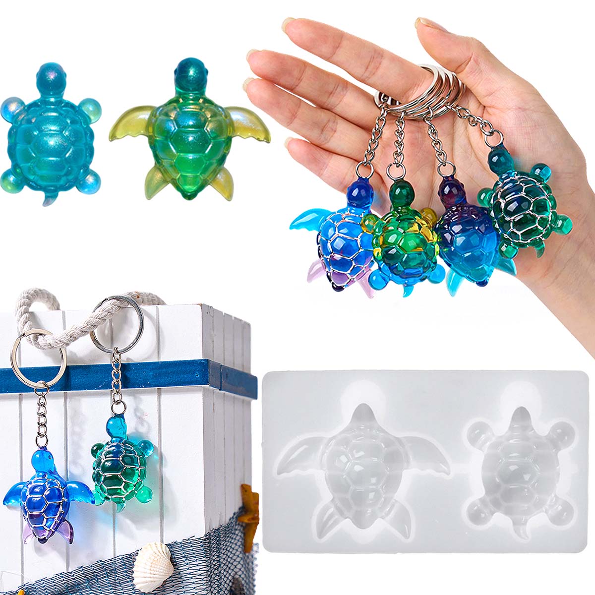 Resin Art Beach - 3D ウミガメキーホルダーシリコーン型 DIY 海洋テーマ動物装飾品亀カメクラフト作成 UV エポキシ樹脂ジュエリー金型