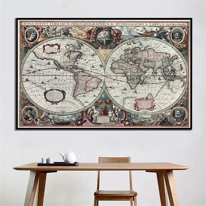 Resin Art On Canvas - レトロな世界地図、航海用海洋地図、キャンバス絵画、ウォールアート、チャートステッカー、アンティークな家の装飾、大きなサイズの地図、壁に飾る世界地図