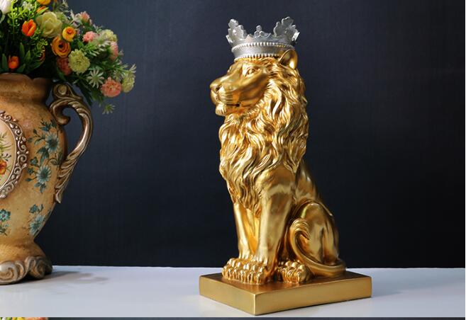 Resin Art Business - 34CM 大型 - ホームオフィス、玄関ホール、最高級の装飾、効果的なマスコット、繁栄するビジネス、ゴールドライオン、キング風水アート像