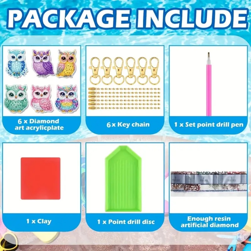 6個/セット DIY ダイヤモンドキーホルダー - フクロウ - Resin Art Supplies のレビューと価格